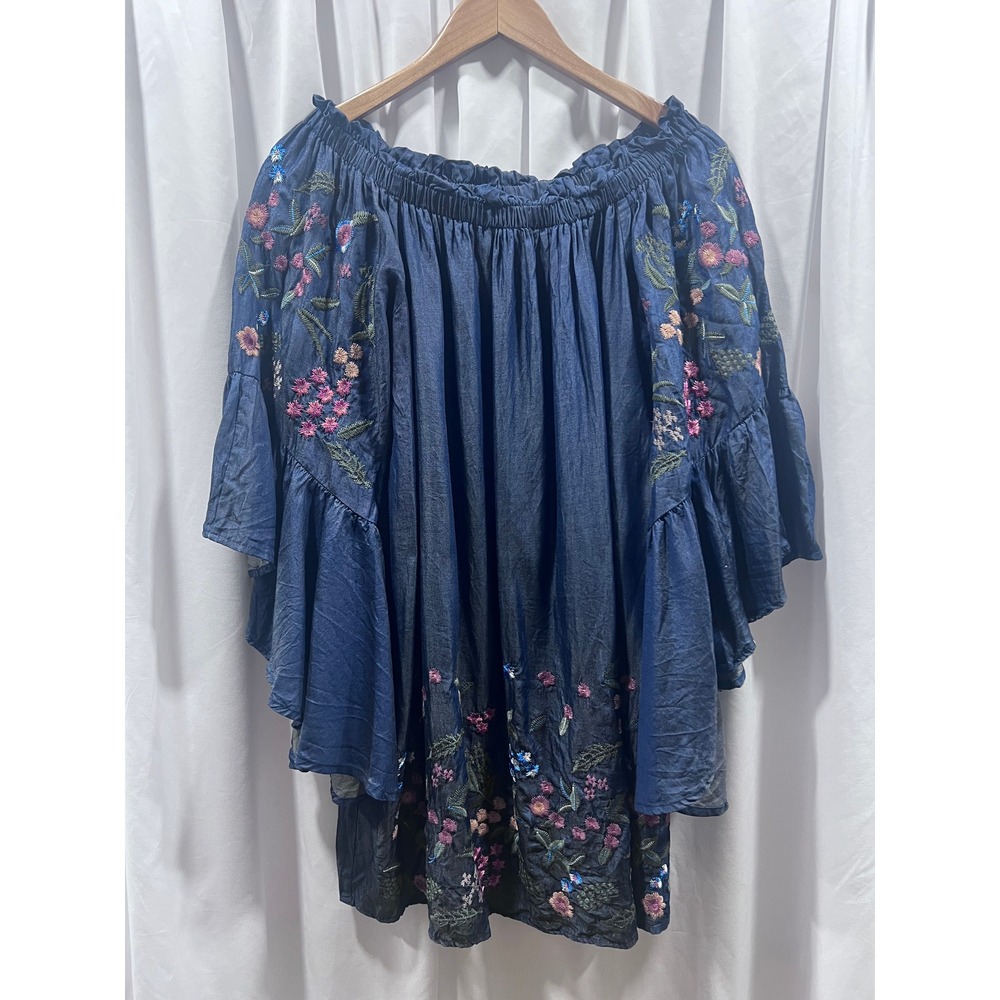 Umgee USA Womens Floral Embroidered Off Shoulder Tencel Bell Sleeve Top Blue L